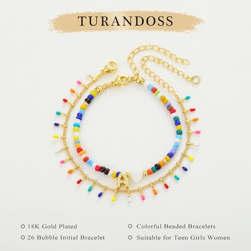 Image of Turandoss Colorful Beaded Initial Bracelets for Women, Trendy Boho Layered 14K-Gold-Plated Letter A-Z Bracelet Cute Summer Jewrly Birthday Christmas Gifts for Girls