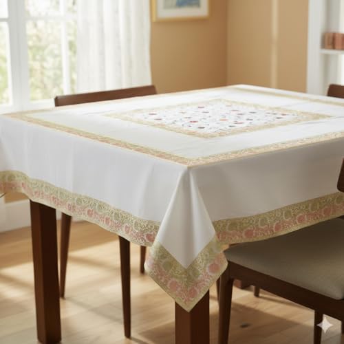 Image of New Year Room Decor Embroidery Brocade Silk Table Cover for Centre & Dinning Table and 4 & 6 Seater Dining Table /Tablecloth, (50 By 50 Inches) (White)