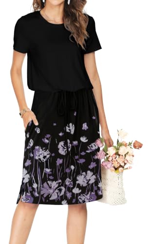 Image of Simier Fariry Womens Summer Hide Belly Knee Length Travel Dress Pocket Short Sleeve Midi Work Casual Outfits