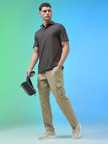Image of TECHNOSPORT Men's Solid Straight Fit Cargo Pants TS Flexi 6 Pocket Polyester Quick Dry Elasticated Drawstring for Gym Travel Running Workout