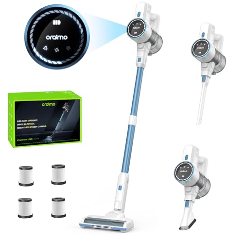 Oraimo Cordless Vacuum Cleaner 6 in 1 with 270W Exclusive Brushless Motor, 24KPA Suction, Digital Display, Upgraded Tangle Free Brush, Up to 45min Runtime, Stick Vacuum for Hard Floor Carpet, 4 HEPA