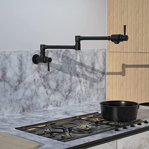 Cwm Matte Black Pot Filler Faucet,Pot Filler Black Folding Faucet,Commercial Wall Mount Stainless Steel Material Stretchable Double Joint Swing Arm With Single Hole Two Handles. #TOP5
