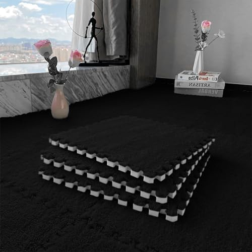 MeYuxg 12 alfombrillas de espuma de felpa entrelazadas, 30 x 30 x 1 cm, alfombra de rompecabezas con borde, mullida alfombra antideslizante para sala de juegos y dormitorio (negro)