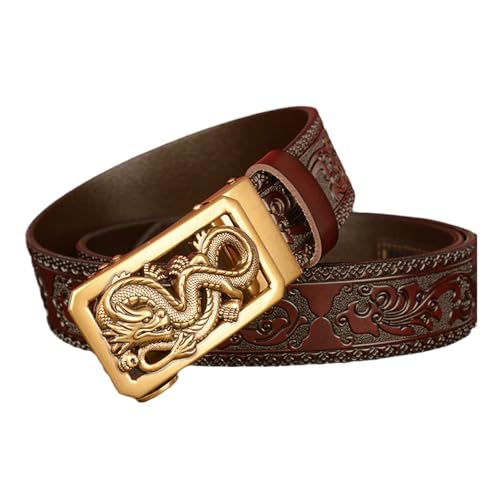 Ratchet Leather Belts Adjustable Automatic Buckle Floral Embossed Golden Dragon Engraving Gothic Punk Style Belt