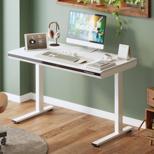 Image of FLEXISPOT One-Piece 48 inch Standing Desk with Acrylic-Front Drawer, Fast-Assembly Ergonomic Sit-to-Stand Desk with MDF Top, 4 Height Memory Presets Touch-Control, Home Office Computer Workstation, White