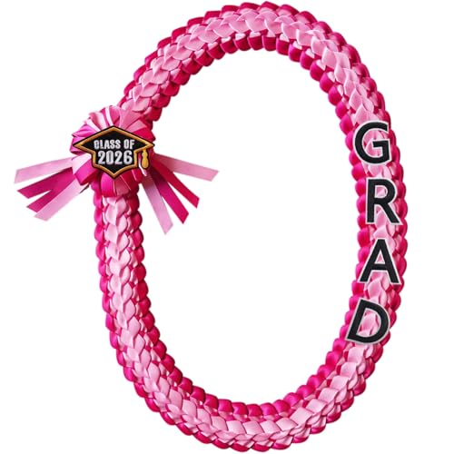 JIMILIFE Pink Graduation Leis Class of 2026 Money Ribbon Leis for Graduation 48 Inch Braided Graduation Necklace for High School College Grad Party Gifts Pink