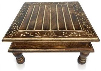 Craftatoz Wood Low Height Stool Wooden Handicrafts Chowki Big - Wooden Chaurang - Wooden Stool for Living Room - Pooja - Kitchen (Black, LXBXH: 12X12X8)