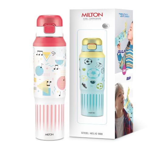 Image of Milton Steel Helio 900 Thermoware Water Bottle 600 ml with One Touch Safety Lock & Twin Lid Sip or Gulp, Long Hours Hot & Cold, Leak Proof, ISI Certified, PU Insulated, for Kids, School, Light Pink