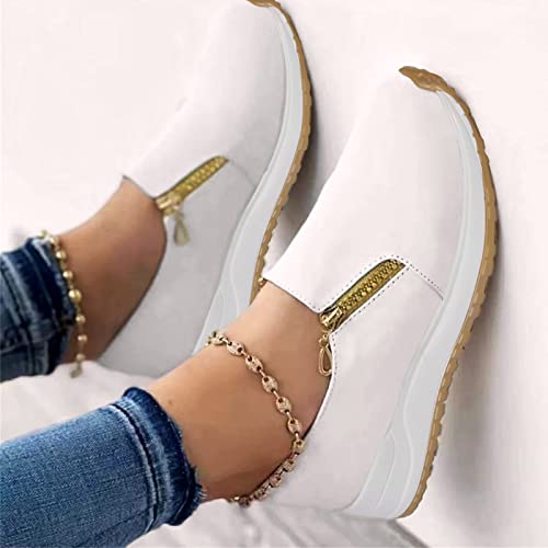 CsgrFagr Ladies Fashion Solid Color Cloth Side Zipper Round Toe Flat Casual Sports Shoes Wide Width Women (White, 7)2