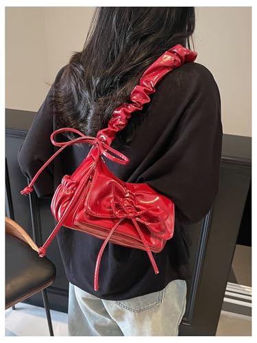 Women's Ruched Leather Shoulder Bag Drawstring Zipper Underarm Handbag Y2K Purses4