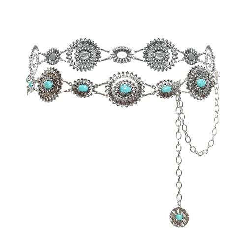 Heliltd 1pc Turquoise Red Stone Metal Chain Waist Belt Western Concho Belt for Women Boho Belts Cowgirl Dress for Jeans Skirt