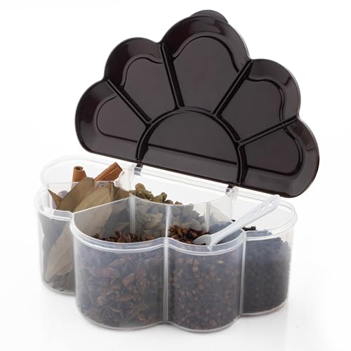 Image of Multipurpose Plastic 6 In 1 Masala Box for Kitchen,Spice Boxes for Kitchen,Transparent 6 Compartment Storage Containers Airtight Grocery, Dry Fruits Box 2000 Ml with 1 Spoon(Brown)