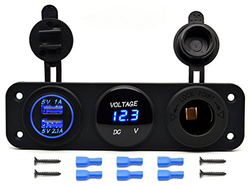 Cllena Triple Function Dual USB Charger + LED Voltmeter + 12V Outlet Power Socket Panel Jack for Car Boat Marine Digital Devices Mobile Phone Tablet (Blue LED)