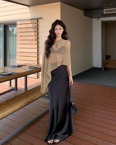 Poncho Summer, Mesh Womens Sheer Knit，Poncho Shrug, Pullover Sweater Lightweight Crochet Poncho Ruffle Top for Women(Gold)4