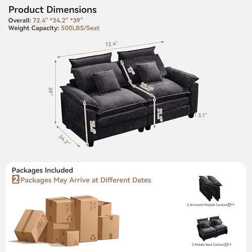 Image of 72'' Cloud Modern Loveseat Couch with Detachable Headrest, Modular Sectional Sofa Couch Deep Love Seat, Oversized 2 Seater Chenille Comfy Sofa with Armrests for Living Room, Dark Grey