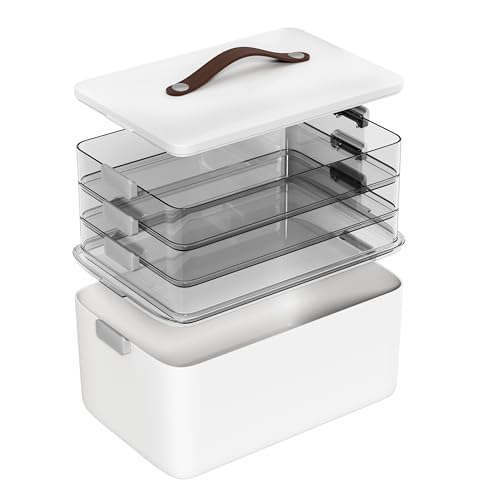 MOPALL 4-Tier Medicine Organizer Storage Box Portable Latch Bin with Lid and Leather Handle Cabinet Closet Organization for Home Office Pill Bottle First Aid Sewing Art Craft