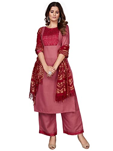 Image of Vbuyz Women's Cotton Blend Solid Straight Stitched Kurta Palazzo with Dupatta