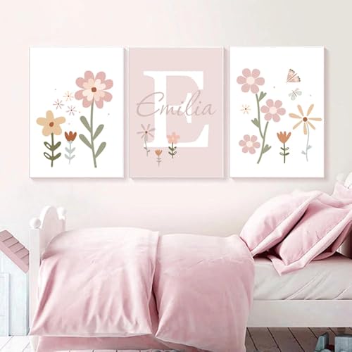 3 Affiche Prenom Personnalisé Bebe 30x40cm Tableau Chambre Fille Rose Fleurs Poster Decoration Murale Chambre ado Fille Enfant Toile Chambre Bébé Fille...