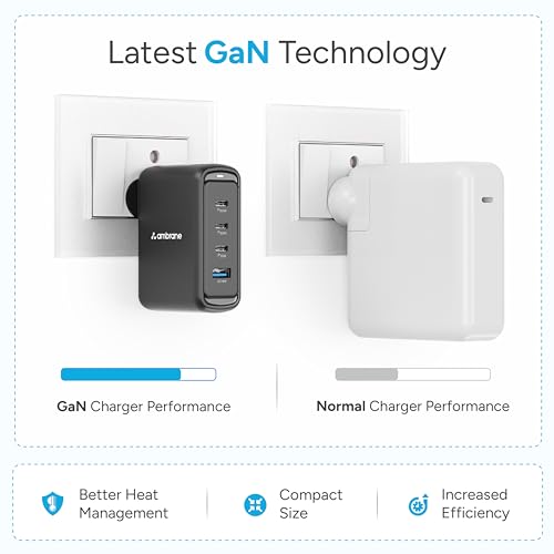 Image of Ambrane 100W GaN Charger: Fast Charging Adapter with 4 Ports (3 USB-C + 1 USB-A), PD Support, iPhone 0-50% in Minutes, Compatible with All iPhones, Android Phones, Laptops & MacBooks (charge100 Black)