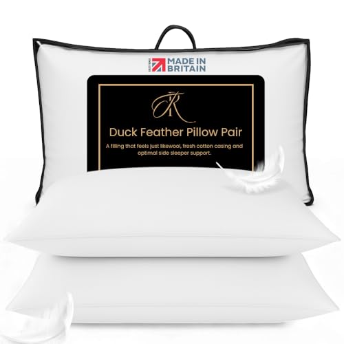 The Royce Duck Feather Pillows 2 Pack - 100% Cotton Cover Hotel Quality Luxury Bed Pillows - Medium Soft Supportive Pillows for Side & Back Sleepers - Hypoallergenic Pillows Made in Britain - 48x74cm