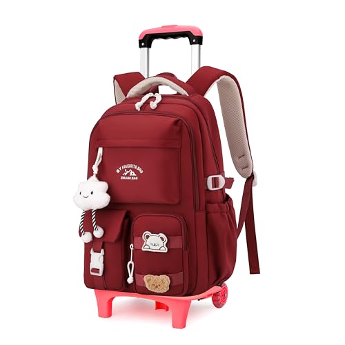 NIWEIYA Girls Rolling Backpack for School Elementary, Kids Rolling School Bag with Wheels, Wheeled Backpack Bookbag on 2 Wheels for Girls, Red