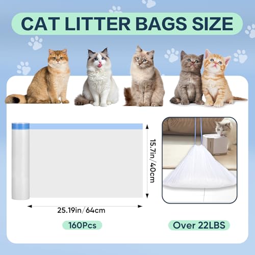 160 Count Cat Litter Box Liners Compatible with Litter Robot 3 & 4, Cat Litter Liners for Automatic Litter Box, 10-12 Gallon Heavy Duty Waste Bags with Drawstrings, 25.19\" x 15.7\" - Thumbnail 2