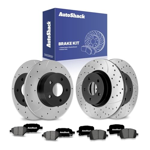AutoShack Front Vented & Rear Solid Drilled & Slotted E-Coated Brake Rotors + Ceramic Pads 12-PC Brake Kit Replacement for 2004-2012 Chevrolet Malibu 2006-2010 Pontiac G6 ShadowGuard