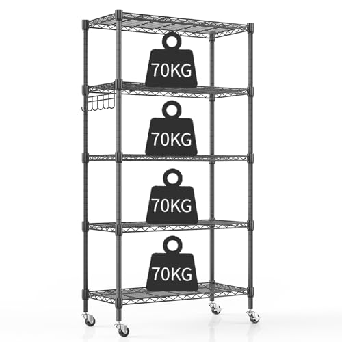 Himimi 5-poziomowy Regał Druciany na Kółkach, Metalowy Regał do Przechowywania, Regulowana wysokość, Stojący Regał Magazynowy do Pralni, Łazienki, Kuchni, Spiżarni, Szafy, 76 x 35 x 158 cm, Czarny