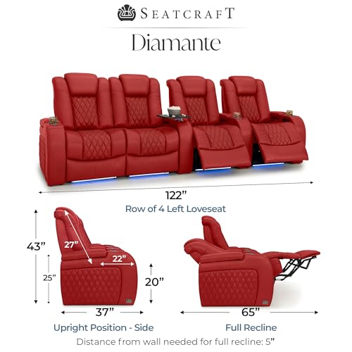 Image of Seatcraft Diamante Red Italian Leather Home Theater Seating, Zero Gravity Power Recliner Gaming and Home Office Chair, Powered Headrest Lounge Sofa Furniture for Cinema Room, Row of 4 Left Loveseats