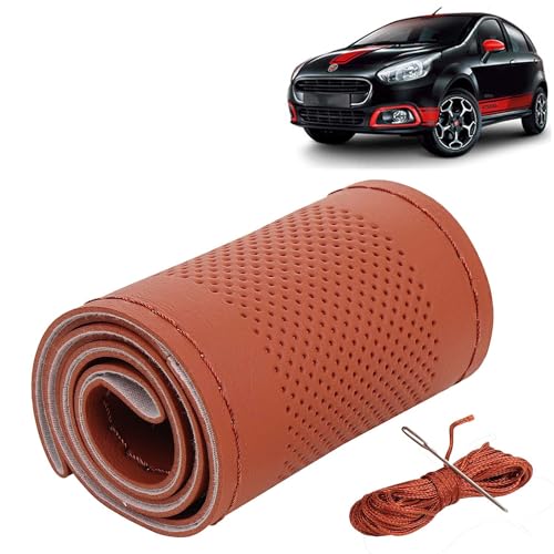 Image of KINGSWAY PU Leatherite Car Steering Cover Sewable Compatible with Fiat Abarth Punto (Year 2005-2019), Tan Color with Tan Thread, Pack of 1 with Sewing Needle and Thread