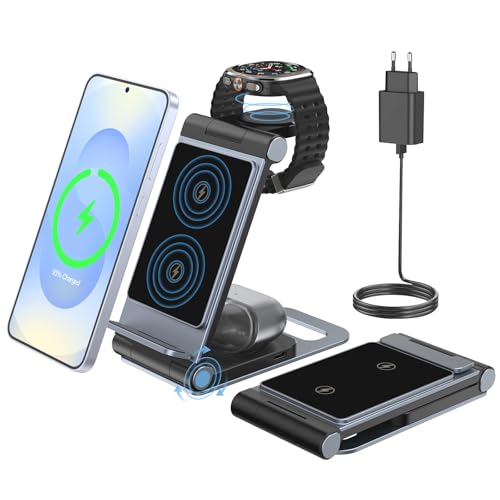 3 en 1 Cargador Inalámbrico Plegable para Samsung Galaxy S25 Ultra Plus S24 Ultra S23 Ultra S22 Ultra Z Flip Z Fold 6 5 4 para Galaxy Watch Ultra 7/6/Classic/5/Pro/4 para Galaxy Buds Adaptador 20W