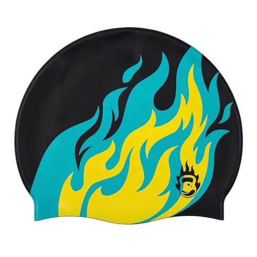 Image of Burnlab Silicone Swimming Cap for Pool Training and Daily Use, Comfortable Stretch Fit, Adult (Black Big Flame)