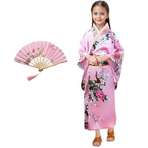Japanese Traditional Dress Kimono Robe for Kids Girls Kids Costume Silk Folding Set Cosplay for Girls 3-12Year Olds (Pink 150)