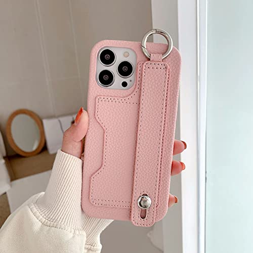 Coque iPhone 12 Pro antichoc rose avec poignée en cuir PU litchi
