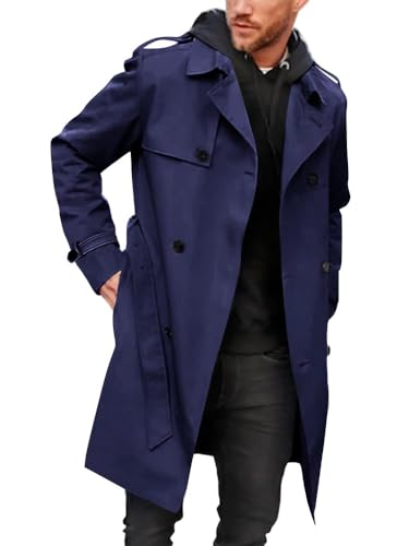 Runcati Gabardina para hombre con doble botonadura y solapa larga, chaqueta de negocios con cinturón, azul, XXL