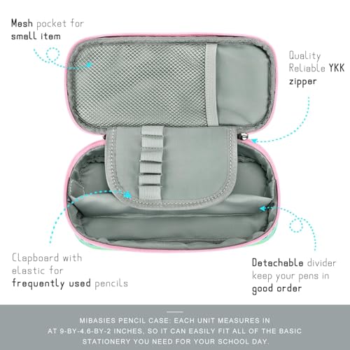 Image of mibasies Girls Pencil Case for Kids, Multi-Slot Pencil Pouch, Light Green Dinosaur Forset