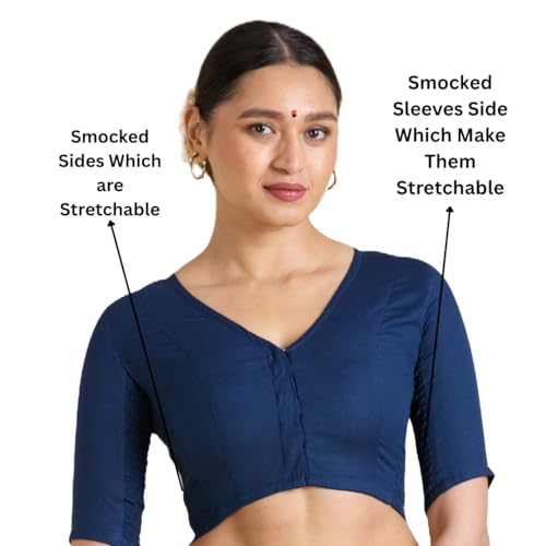 Image of Studio Shringaar Women's Thick Handloom Cotton Plain Side Stretch (Smocked) Readymade Saree Blouse