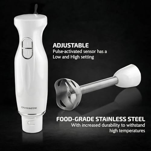 Image of OVENTE Immersion Hand Blender, 300W Electric Handheld Stick Mixer with 2 Mixing Speeds and Stainless Steel Blades for Smoothies, Purees & Baby Food, White HS560W