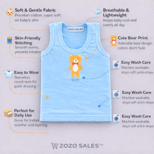 Image of Unisex Baby Vest Sleeveless Cotton Baniyan | Kid's Sando Baniyan, Kids Vest | Soft & Breathable Baby Jabla |Toddler Innerwear for Boys & Girls, Cute Animal Print | Multicolor Pack of 6