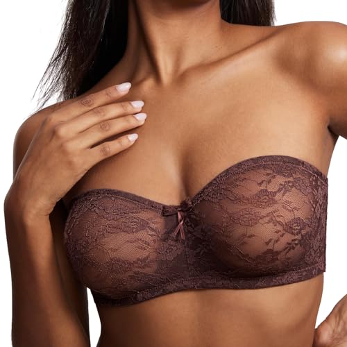 Image of DOBREVA Women's Strapless Lace Bras Unlined See-Through | Underwire, Floral Lace, Sexy, Sheer, Soft, Bow, Multiway, Comfort