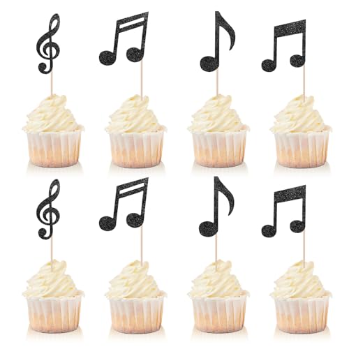YQQYG 36PCS Music Notes Cupcake Toppers, Music Themed Party Decorations, Black Glitter Musical Symbol Cake Topper Picks for Rock Music Concert Theme Wedding Baby Shower Birthday Party Decor