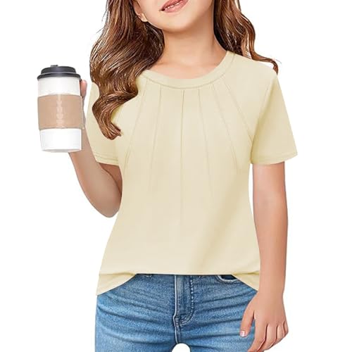 Girls Pleated T Shirt Crew Neck Short Sleeve Tunic Tee Kids Solid Color Slim Fit Breathable Casual Tops Blouses4