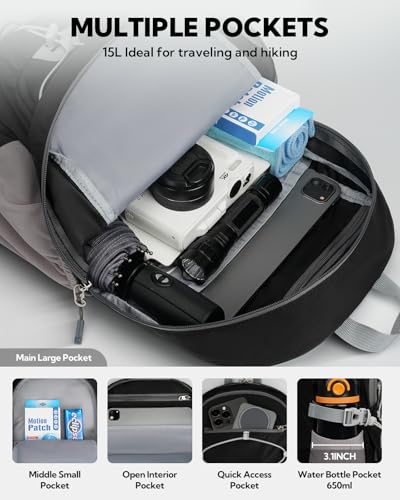 WATERFLY Small Lightweight Packable Backpack: 15L Mini Ultra Light Foldable Travel Daypack with Breathable Shoulder Strap Outdoor Hiking Camping Day Pack for Women Men Black - Image 6