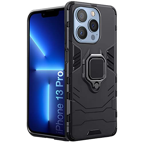 Image of WOW IMAGINE Shock Proof Back Case Mobile Cover for iPhone 13 Pro (Tough Armor | Hybrid PC + TPU | Full Protection with Ring Holder & in-Built Kickstand | Black)