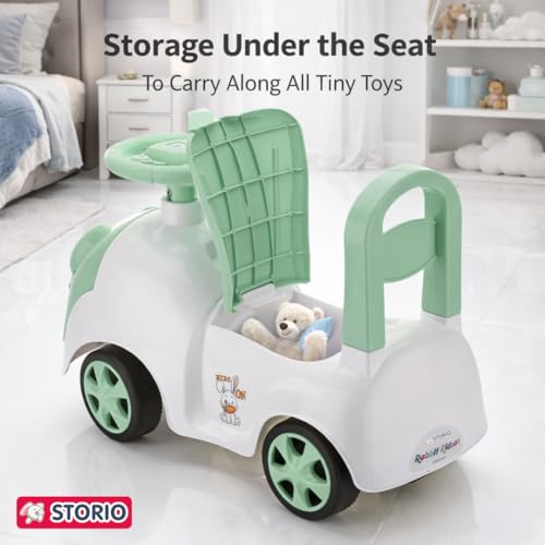 Image of Storio Rabbit Baby Ride-On Car Toy | Non-Battery Push Car for Kids with Backrest & Steering Wheel | Baby Ride On Toy for Boys & Girls 1-3 Years | Green