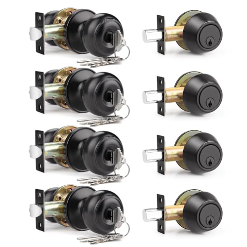 Brotima 4 Pack Keyed Alike Front Door Knob and Deadbolt Set Entry Door Locksets with Single Cylinder Deadbolt Matte Black Flat Round Door Lock Set for Bedroom/Office/Exterior Doors