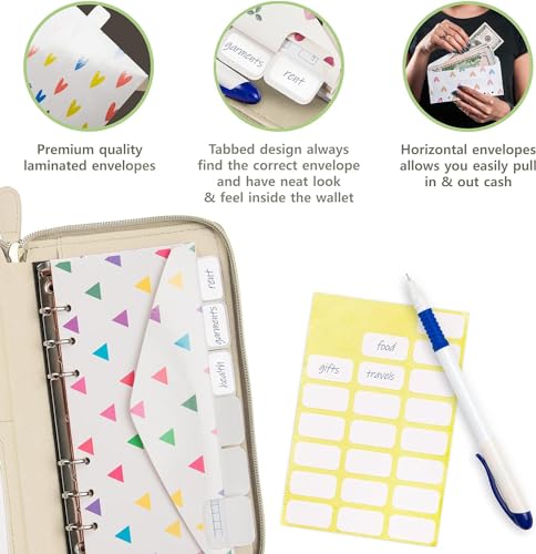 Image of Three Way Cut Cash Envelope Wallet Beige All in One Budget System RFID Blocking with 12x Tabbed Envelopes 12x Monthly Budget Cards 1x Yearly Budget Planner Sheet Complete Money Organizer Set