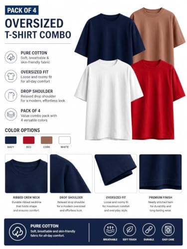 Image of Veirdo 100% Pure Cotton Oversized Baggy Fit Half Sleeve Solid Core Round Neck Multicolor T-Shirt Combo for Men & Boys (Pack of 4)