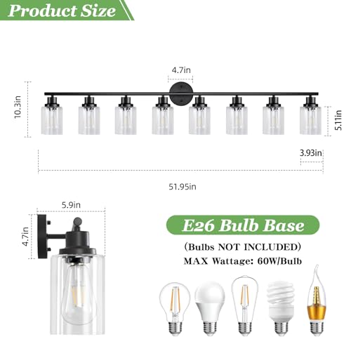 Image of 8-Light Black Vanity Lights, Modern Bathroom Light Fixtures with Clear Glass Shade, Wall Lamps for Mirror Kitchen Hallway Cabinet Living Room Sconces Lights - E26
