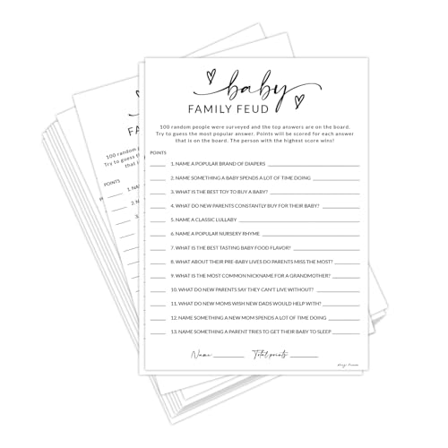 HerZii Prints Baby Shower Family Feud Game Cards, 50 Pack Baby Shower Game Cards with Answer Sheet, Minimalist Design Party Games for Adults